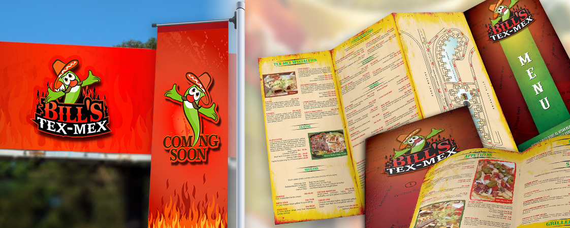 Flyers and promotional banners for American/Tex-Mex cuisine restaurant