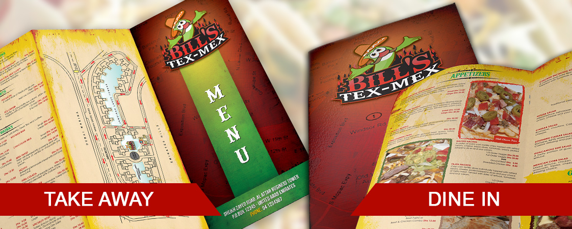 Menu card design for Bill's Tex-Mex